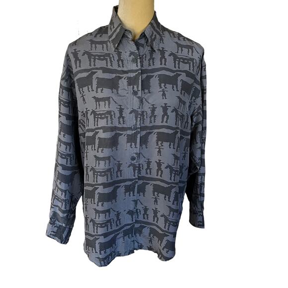 Robert Comstock Oeste Silk Aztec Native Button Up Blouse Shirt Sz Medium - Picture 1 of 9